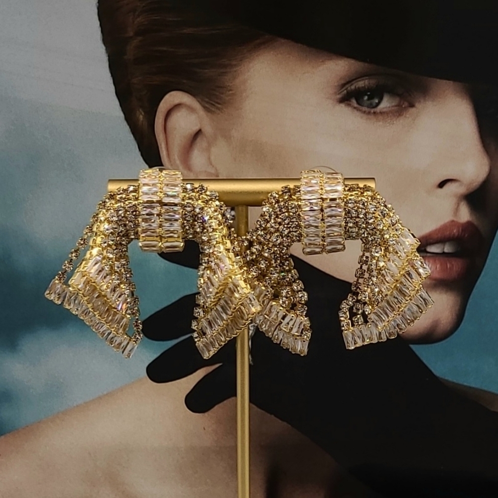 Estate AB Luxury Palace Chic Crystal Exaggerated Bow Gold Dangle Earrings - Picture 7 of 15